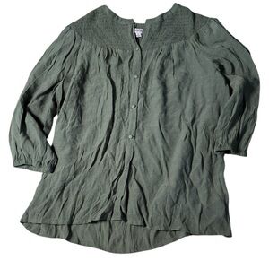Nanette Lepore Olive Green Smocked Button Front Tunic Blouse Size Small